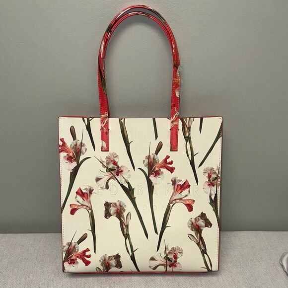 TED BAKER Coral Ivory Green Floral Faux Leather The Icon Tote - Picture 1 of 12